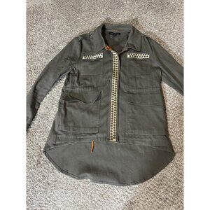 Sweet Rain Jacket Womens Medium Green Twill Military Studded Zip Utility Pockets